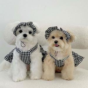 체크멜빵원피스 강아지원피스 모자와원피스 세트