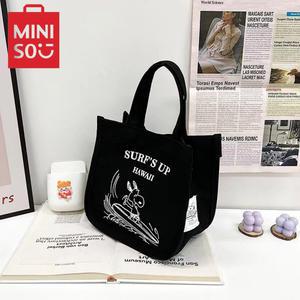 MINISO 귀여운 만화 프린트 식사 상자 가방, 스누피 핸드백 캔버스 가방, 휴대용 토트백, 패셔너블한 작은 사각형 가방
