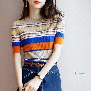 스트라이프 무지개니트 단가라티셔츠mno472