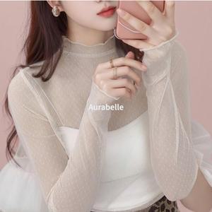 아우라벨르 화이트 도트 시스루이너 레이어드긴팔티 슬림핏 티셔츠크루넥 자외선차단 긴팔원피스 긴팔원피