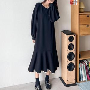 벌룬 배색 롱 다솜결 원피스 벌룬소매 러블리핏