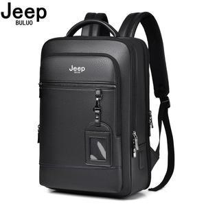JEEP BULUO 비즈니스 백팩 고 블랙 캐주얼 암소 가죽 여행  15.6'노트북  남성