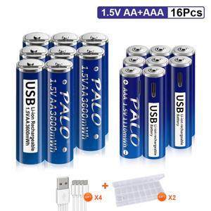USB 충전식 리튬 이온 AA 배터리 1.5V 3600mWh + 1110mWh 케이블 포함