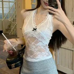 레이스 나시티셔츠 크롭 홀터넥 민소매티셔츠 티셔츠 시스루티셔츠 이너티셔츠