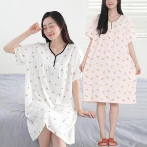 [오노마] ONM Y넥 면 반팔 롱 원피스 잠옷 여성 홈웨어 파자