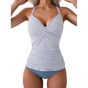 B2prity 여성용 루즈핏 수영복 V 넥 랩 타이백 투피스 수영복 배 조절 수영복