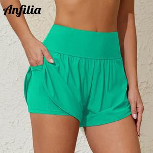Anfilia 여성 수영 트렁크 솔리드 하이 웨이스트 와이드 허리 밴드 사이드 스플릿 2 in 1 비치 반바지 포켓 Tankini Bottom