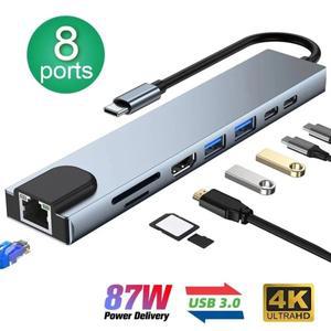 랜선젠더 8in1  C 허브 USB C 8 in 1 USB31 4K HDMI 호환 어댑터 RJ45 SDTF 카드 리더 PD 고속 충전  노트
