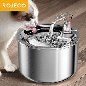 반려동물 ROJECO 스테인레스 스틸 반려동물 분수 자동 물 디펜서 고양이 스마트 식수대 필터 포함 개 술꾼