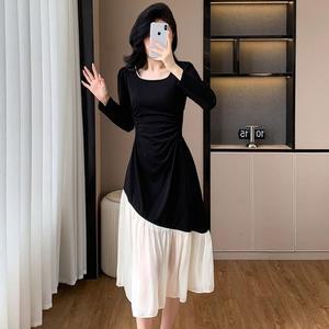여성 미리준비 가을 원피스 프렌치 충돌 배색 미디 스커트 유니크 셔링 OOTD3