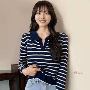 여성크롭니트 아이보리 여자 티 가을니트 얇은 네이비 v넥 카라 루즈핏 티스트라이프 브이넥니 오픈 긴팔fg