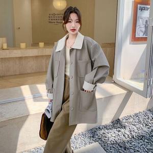 여성 코트 트렌치 프렌치 캐주얼 코듀로이 패치 가죽 가을 상의 MF3