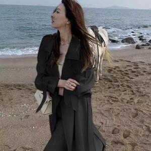 여성 코트 트렌치 크림색 봄가을 화이트 문양 롱 MF3