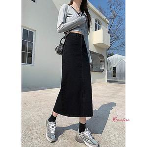 데님스커트 코디 블랙 흑청 롱스커트 미디 뒷트임 데일리 블랙청 진bcd136
