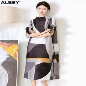 플리츠 원피스 ALSEY 여성용 예술적 디자이너 라운드넥 웨이스트 중간 길이 드레스 2025 여름 신상