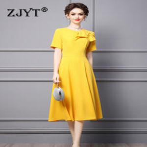 플리츠 원피스 ZJYT 우아한 여성용 미디 심플 옐로우 파티 드레스 여름 디자이너 나비 매듭 반팔 사무실 베스티도 알라인