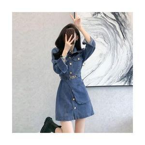 여성원피스 미디 움 데님 원피스 시크 벨트 긴팔 청스커트 OOTD5