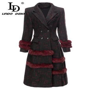 LD LINDA DELLA 여성용 런웨이 디자이너 오버코트, 더블 브레스트 슬림핏 플러시 프린트 아우터, 겨울 신상 스타일