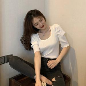 봄 여름 정장룩 퍼프소매 스퀘어넥 반팔니트 골지티