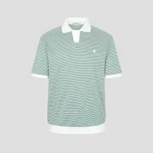 빈폴 BEANPOLE 투톤 오픈카라 스트라이프 티셔츠 카키 BC5542C02H 459501