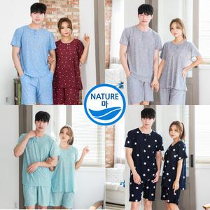 여름 여성 남성 커플 마 반팔 5부 파자마 수면 잠옷 홈웨어 이지웨어 상하 세트