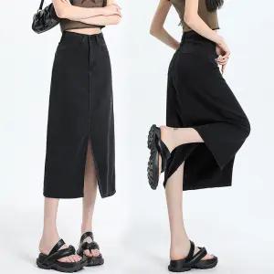 XZ-3122 / 블랙 텐셀청치마 찰랑원단 봄여름 쿨링 미디스커트 앞트임