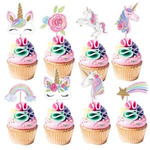 24Pcs 카톤 유니콘 컵케익 토퍼 어린이를위한 화려한 무지개 종이 생일 파티 DIY 케이크 장식 용품