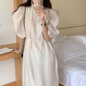 플리츠 원피스 우아한 빈티지 Pleated 퍼프 슬리브 스트랩 백 슬릿 드레스 틈새 소프트 터치 레트로 Ruched 위한