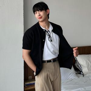 베론 남자 세미 머슬핏 부클 헨리넥 쿨 반팔 니트 가디건