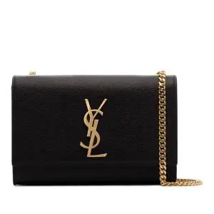 블랙 가죽 그레인드 텍스처 시그니처 YSL 로고 플라크 폴드오버 체인 링크