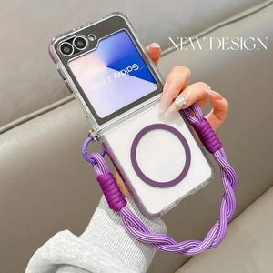 Magsafe 자기 손목 스트랩 전화 케이스 삼성 호환 갤럭시 Z 플립 6 5 4 3 Flip6 5G 투명 커버