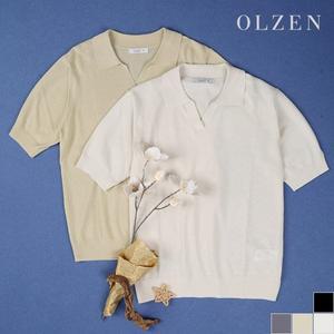 [올젠] 여성 솔리드 카라 반팔 니트 (ZLC2ET2302)