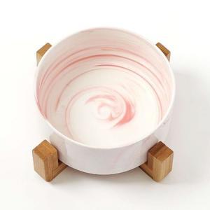 고품질 반려동물 도자기식기 16cm 마블핑크 높은 받침대 우드받침 높은 (WFHS4W0)