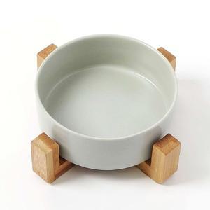 고품질 반려동물 도자기식기 12.5cm 그레이 물그릇 세라믹 우드받침 높은 (WFHS4W1)