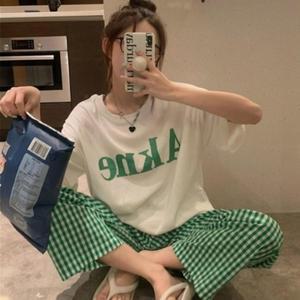 [다잇템] 여자 투피스 바지 잠옷 실내복 격자 반소매티 세트