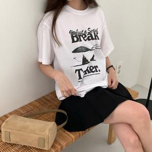테이커 프린트 박시 반팔 티셔츠 여자 봄 여름 나염 루즈핏 티셔츠
