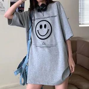 여성 루즈핏 스마일포인트 롱 반팔티 여름 데일리룩 (WFHZWEV)