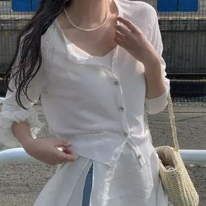 오브유 자개 린넨 긴팔 가디건 여름 여성 데일리룩 데이트룩
