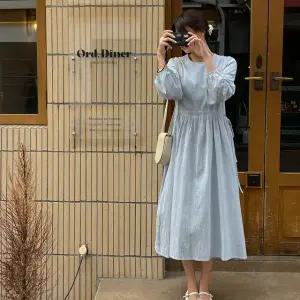 벨로아 셔링 스트링 롱 원피스 봄 가을 여성 여자 데이트 코튼 면