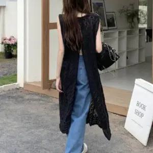 롱 데일리 캐주얼 유니크 뒷트임 롱 조끼 베스트 여름 여성 데일리