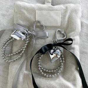 후쿠다 실버 하트 메탈 진주 리본 키링