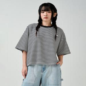 벤셔먼  벤셔먼X바스키아  우먼 스트라이프 크롭 반팔 티셔츠 BPBTS780F