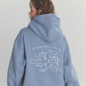 구름캣 자수 후드티 블루그레이