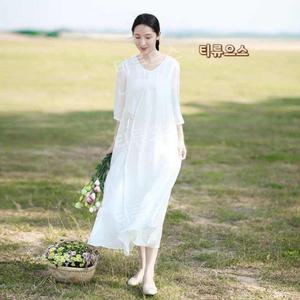 린넨 철릭 원피스 7부 롱 브이넥 찰랑 40대 50대 여름 반팔 마원피스여성흰색 0724-06