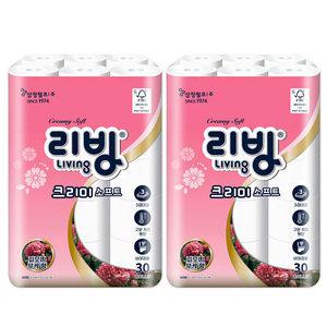 [즉시할인30%]리빙 크리미 3겹 화장지 피오니부케향(NEW) 25M 30롤x2 팩/휴지/두루마리