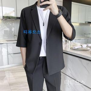 남자반팔블레이저 여름 자켓 상하의 정장 재킷 세트 7부소매 중년남성의류 슈트 티류으