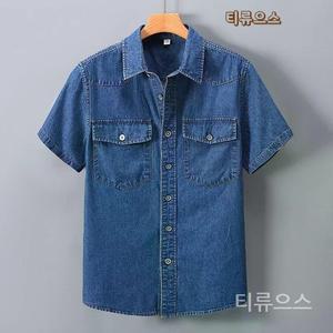 남자 신상 청반팔셔츠 캐주얼 슬림 카라넥 데님셔츠 티류으스