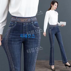 티류으스  여자 반짝이청바지 큐빅 핫픽스 스판 허리밴딩 플레어 데님팬츠 빅사이즈