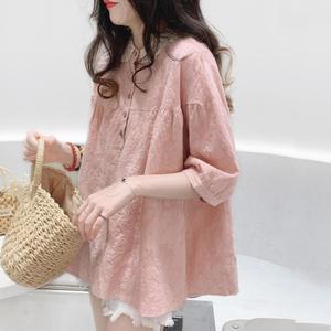 봄신상 귀여운 여성 린넨 반팔 셔츠 블라우스 면 마 루즈핏 학생 빅사이즈S23 0717-06