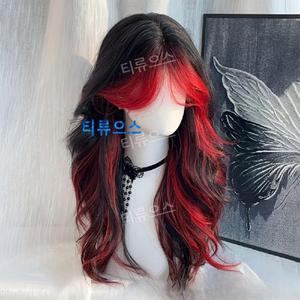 티류으스 흑발 블랙 가발 여성용 펑크 합성 및 레드 앞머리 중간 컷 염색 하이라이트